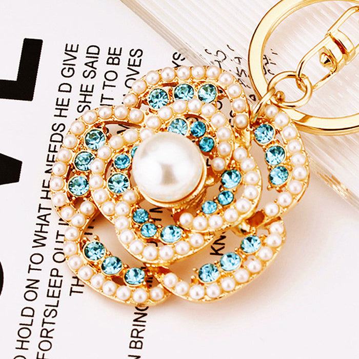 Pearl Openwork Rose Keychains in Three Colors with Braided and Plain Loops