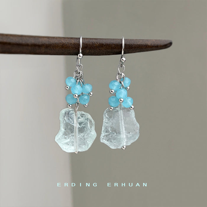 Blue Crystal Chip Pale Aqua Glass Drop Hook Earrings