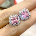 Cushion Solitaire Halo Stud Earrings In Three Stone Colors Silver Tone view 2