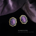 Gold Purple Enamel Scalloped Oval Frame Stud Earrings view 1