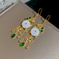 Gold Tone White Floral Green Bead Tassel Hook Earrings view 7