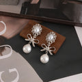 Silver Pearl Look Halo Bow and Teardrop Stud Earrings view 3