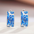 Silver Blue White Lotus Enamel Wide Hoop Latch Earrings view 2