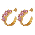 C Shape Pink Crystal Hoop Earrings Gold Steel Tone view 5