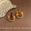 Gold Tone Amber Rectangle Stone Double Loop Stud Earrings view 3