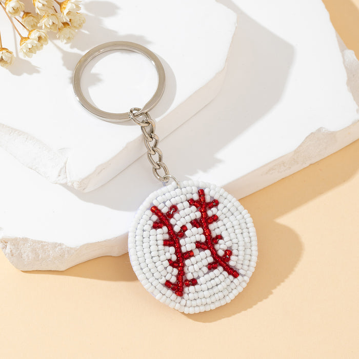 White Beaded Baseball Stitch Round Keychain With Red Accents