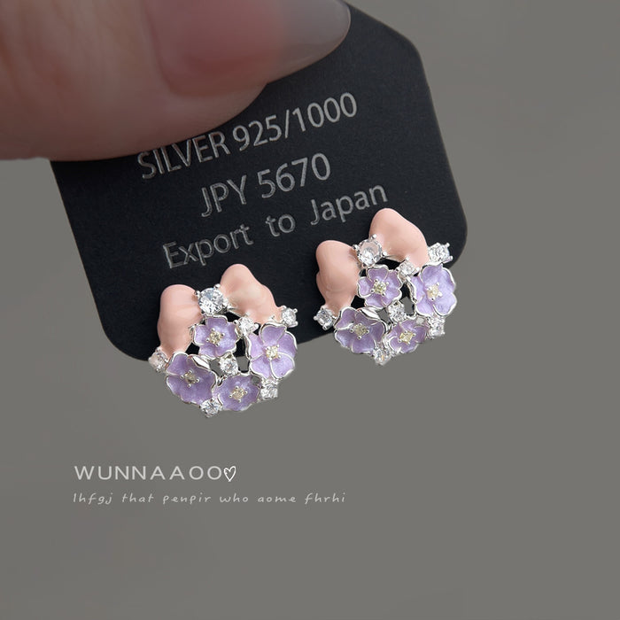 Pink Bow Purple And Clear Stone Flower Cluster Stud Earrings