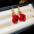 Red Petal Drop Earrings With Gold Tone Hooks For Distinctive Statement Styling view 6