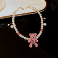 Pink Crystal Teddy Bear Earrings and Pearl Bear Necklace view 7