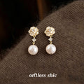 Cream Enamel Camellia Pearl Zircon Drop Stud Earrings view 4