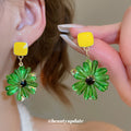 Yellow Square and Translucent Flower Drop Earrings view 3