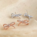 Crystal Pave Bow Stud Earrings Silver Rose Gold Tones view 2