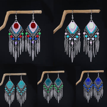 Colorful Bead Feather Fringe Bohemian Long Hook Earrings