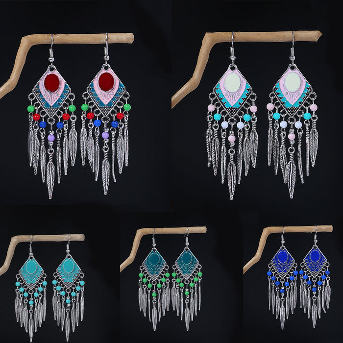 Colorful Bead Feather Fringe Bohemian Long Hook Earrings