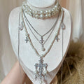Ornate Pearl Cross Layered Silver Tone Necklace Set view 6