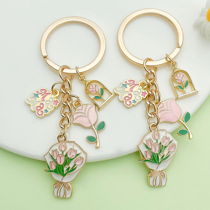 Rose, Sunflower and Flower Charm Keychains Featuring Pink Rose Across 50 Variations