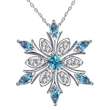 Blue Clear Stone Snowflake Pendant Necklace White Metal