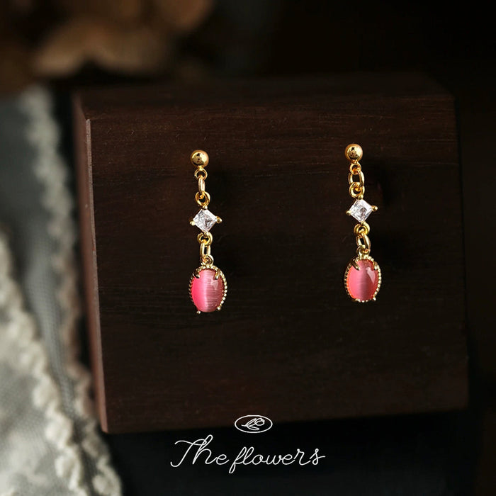 Gold Pink Cat Eye Drop Clear Crystal Earrings Matching Pair