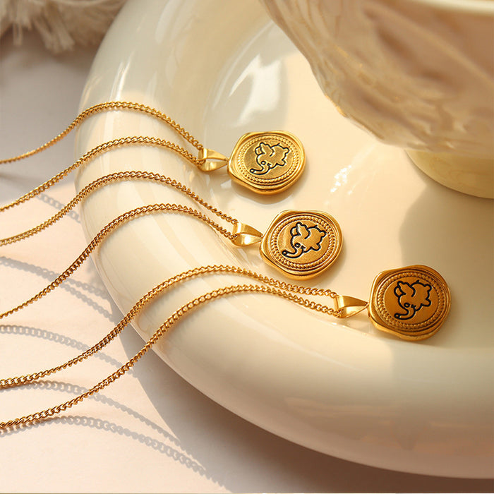 Gold Elephant Coin Pendant Necklace Wax Seal Charm