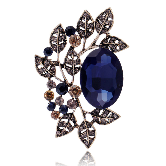 Red Blue and Green Oval Crystal Floral Metal Brooch Pin