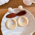 Brown and Cream Oval Resin Drop Earrings With Round Stud Tops view 4