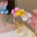Black Floral Drop Earrings with Beaded Tassel Strands view 1