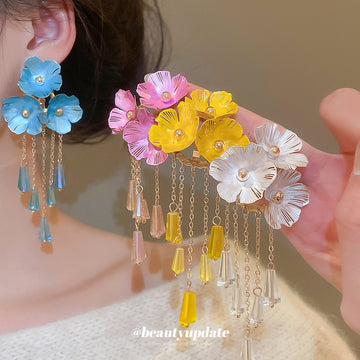 Black Floral Drop Earrings with Beaded Tassel Strands