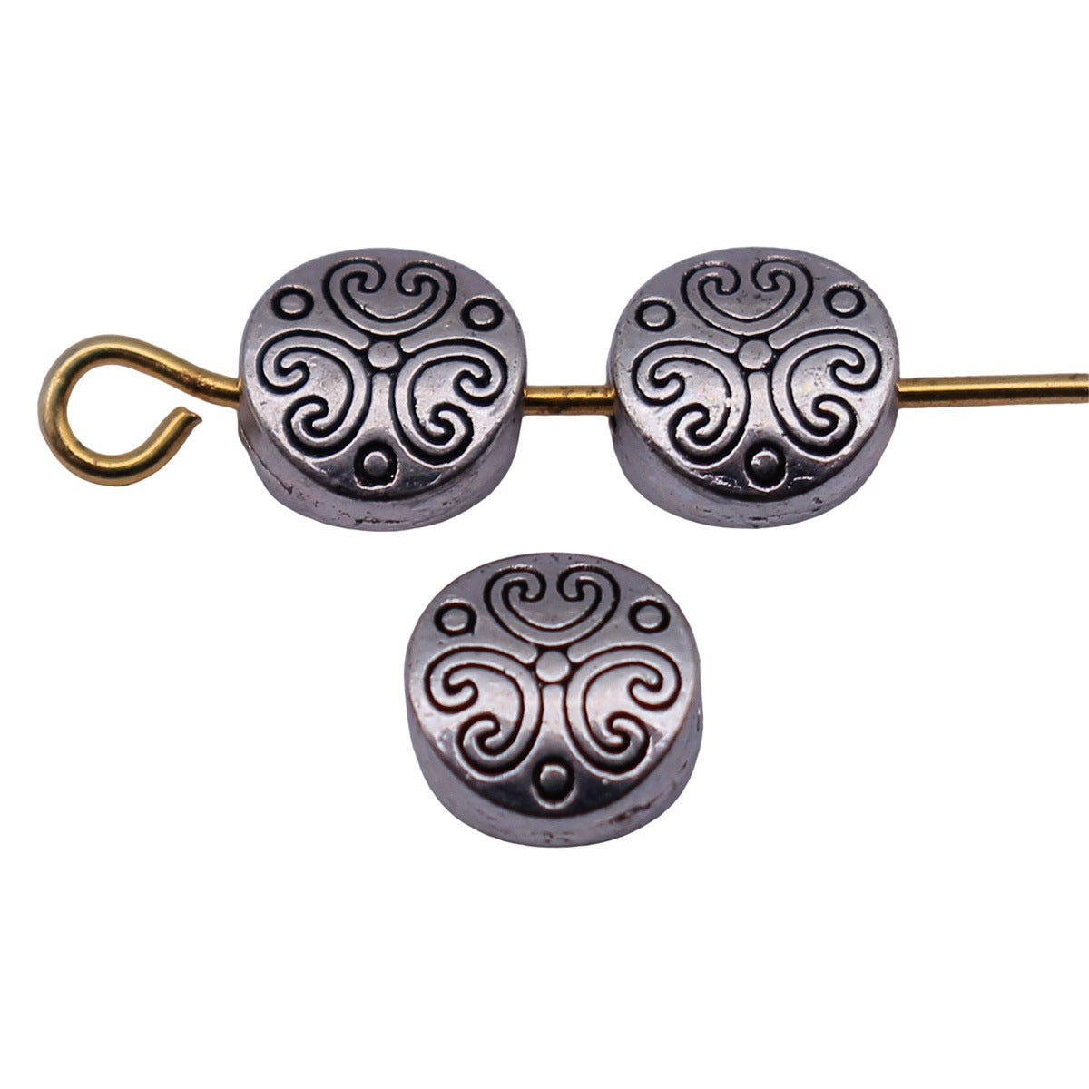 6.7x6.4x3.2mm 0.48g Antique Silver Zinc Alloy Double Sided Engraved Round Loose Metal Beads for Jewelry Making
