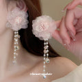 Pink Tulle Flower Pearl Drop Earrings and White Floral Necklace view 4