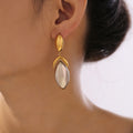 Geometric Leaf Drop Earrings Stainless Steel Gold Steel Tones view 3