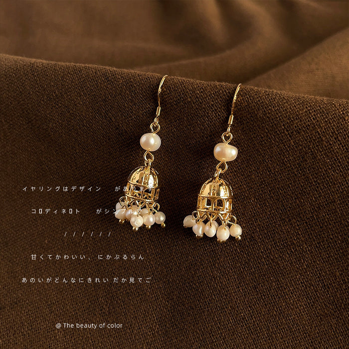 Gold-Tone Pearl Cage Bell Cluster Drop Hook Earrings