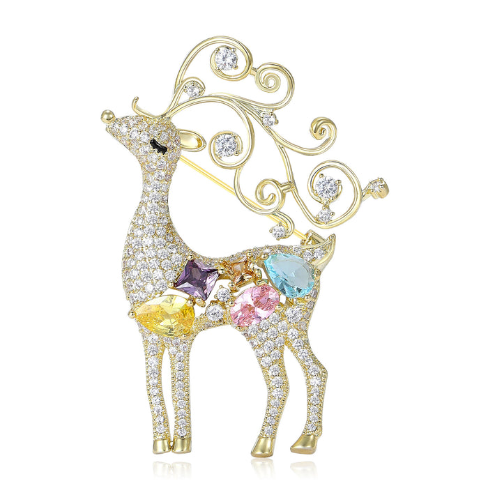Gold Pave Reindeer Brooch with Multicolor Zircon Accents