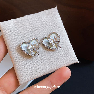 Crystal Heart and Butterfly Silver Tone Stud Earrings