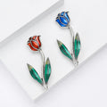 Enamel Rose Bud Brooch Blue Red Silver Green Leaves view 3