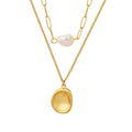 Gold Double Layer Necklace Pearl And Concave Oval Pendant view 5