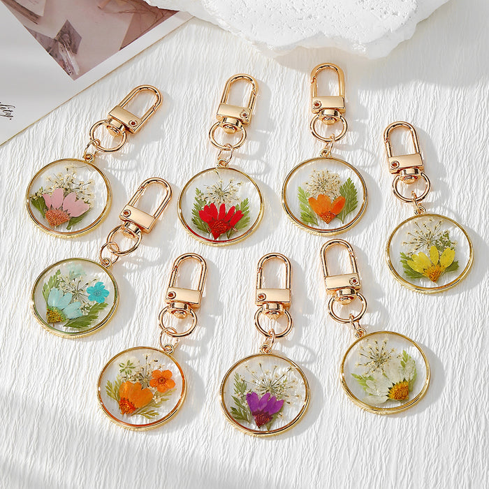 Round Resin Dried Flower Keychains Gold Clasp 8 Colors