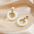 White Brown and Black Raffia Wrapped Round Dangle Earrings view 2