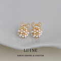 Gold Pave Bow Pearl Cluster Round Stud Earrings Pair view 4