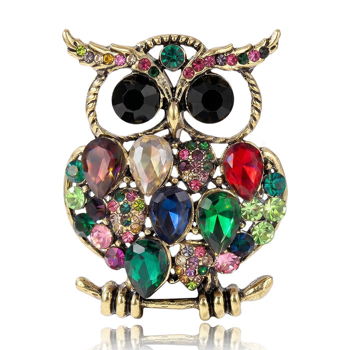 Jeweled Owl Brooch in Four Mixed Crystal Color Palettes