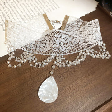 White Lace Choker with Teardrop Pearl Style Pendant