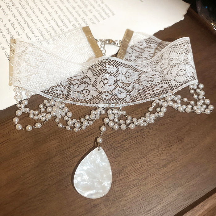 White Lace Choker with Teardrop Pearl Style Pendant