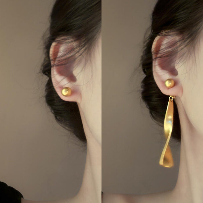 Matte Wavy Ribbon Drop Stud Earrings in Gold and Silver