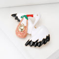 Enamel Crane and Handbag Brooch in White Pink and Black view 2