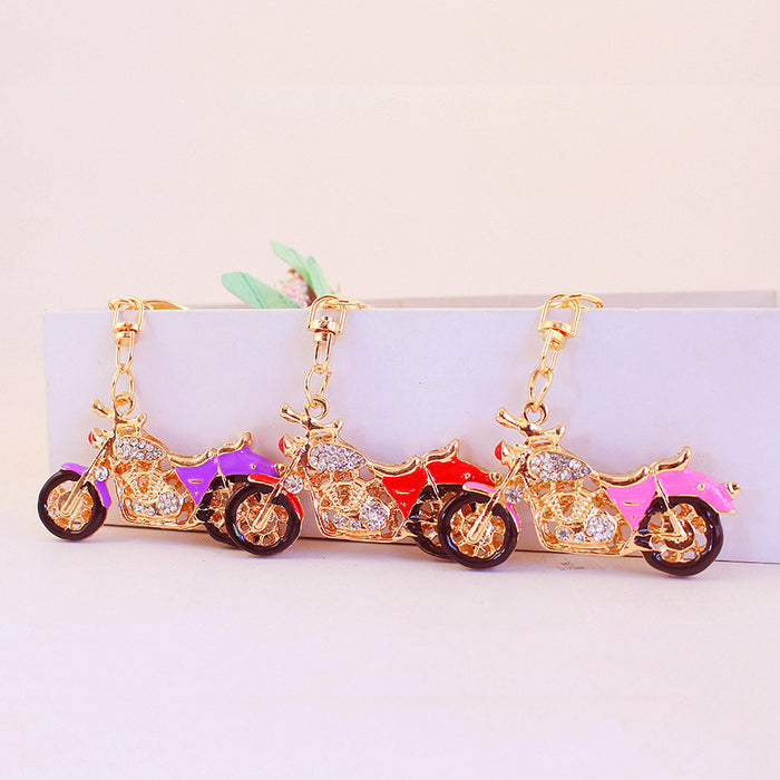 Gold Tone Motorcycle Keychain With Clear Stone Accents