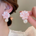 Resin Flower Stud Earrings With Pearl Drops In Three Colors view 3