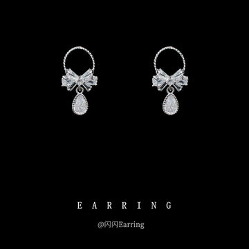 Silver Circle Bow Teardrop Crystal Drop Earrings Pair