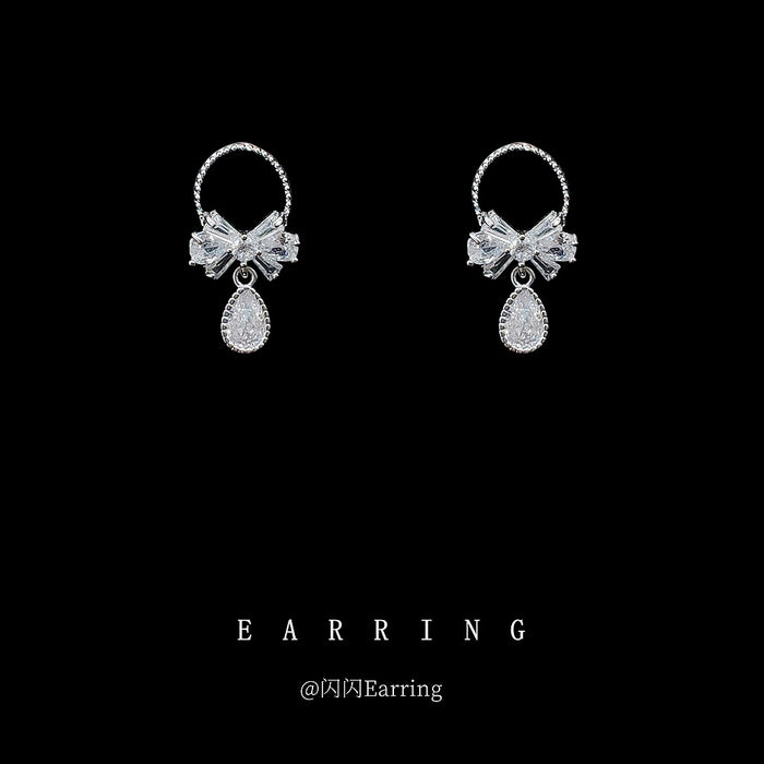 Silver Circle Bow Teardrop Crystal Drop Earrings Pair