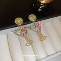 Pink Crystal Cocktail Glass Stud Earrings with Green Tops view 2