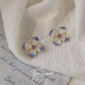 Gold Enamel Flower Stud Earrings Purple Blue Bee Accents view 3