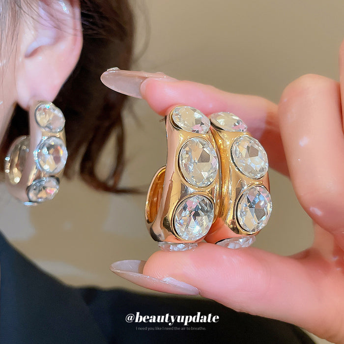 Silver Tone Crystal C Hoop Stud Earrings With Open Curves